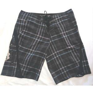 3/10 O'NEILL Superfreak Plaid Board Shorts Size 30 Zip Pocket Black Gray EUC S M